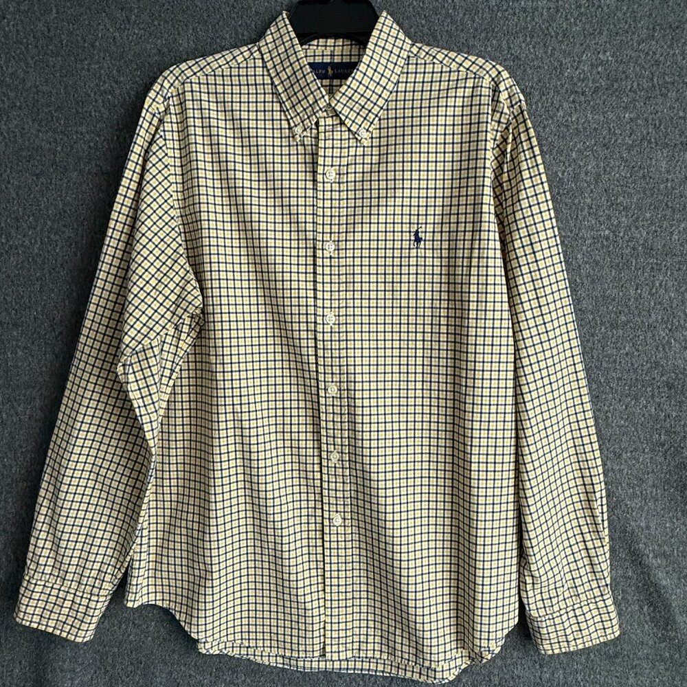 Ralph Lauren Polo Yellow Blue Checked Long Sleeve Button Down Shirt Large